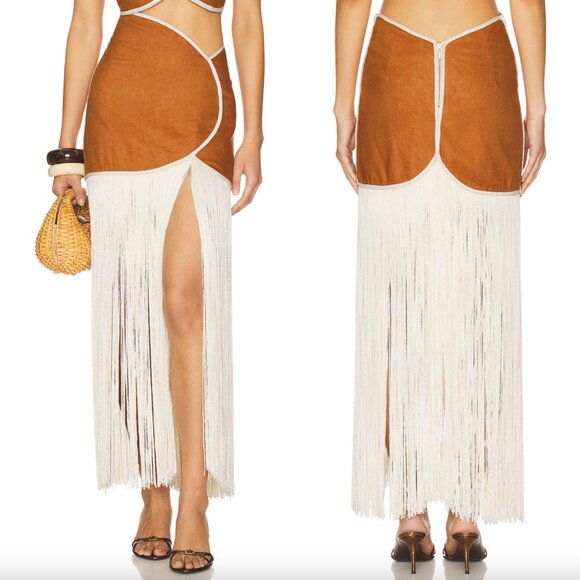 Azulu Dresses & Skirts - NEW AZULU Joelle Skirt Cognac Brown Linen Tan Cream Fringe Mini Maxi